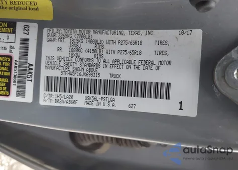 2018 Toyota Tundra Limited 5.7L V8 z USA, uszkodzony, nr VIN 5TFHW5F16JX698315